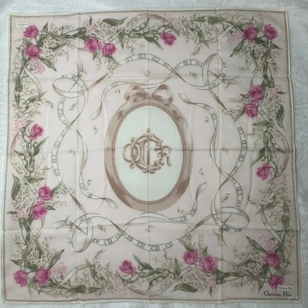 Vtg CHRISTIAN DIOR Scarf Handkerchief Floral Logo Cotton Pink 19